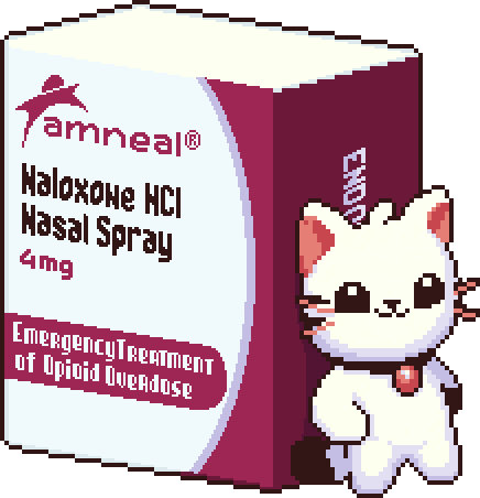 End Overdose's pixel-art naloxone nasal spray box with their cat mascot
